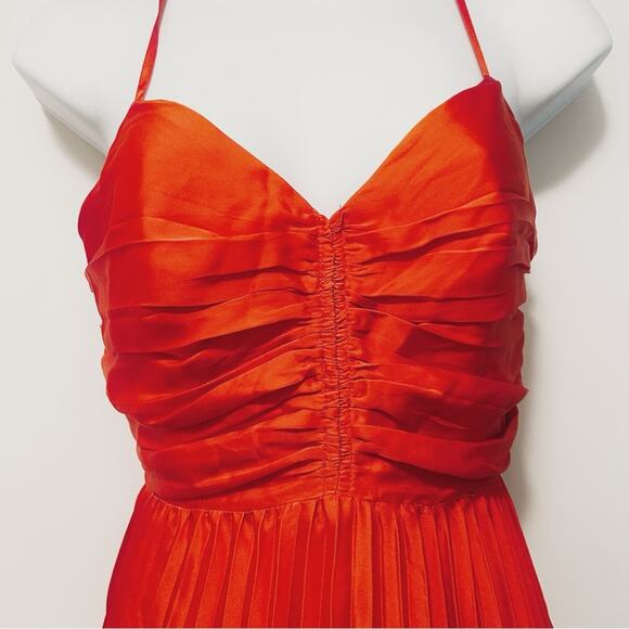 Adelyn Rae Pleated Skirt Ruched Bodice Satin Midi Dress Orange Small NWT - Picture 3 of 6